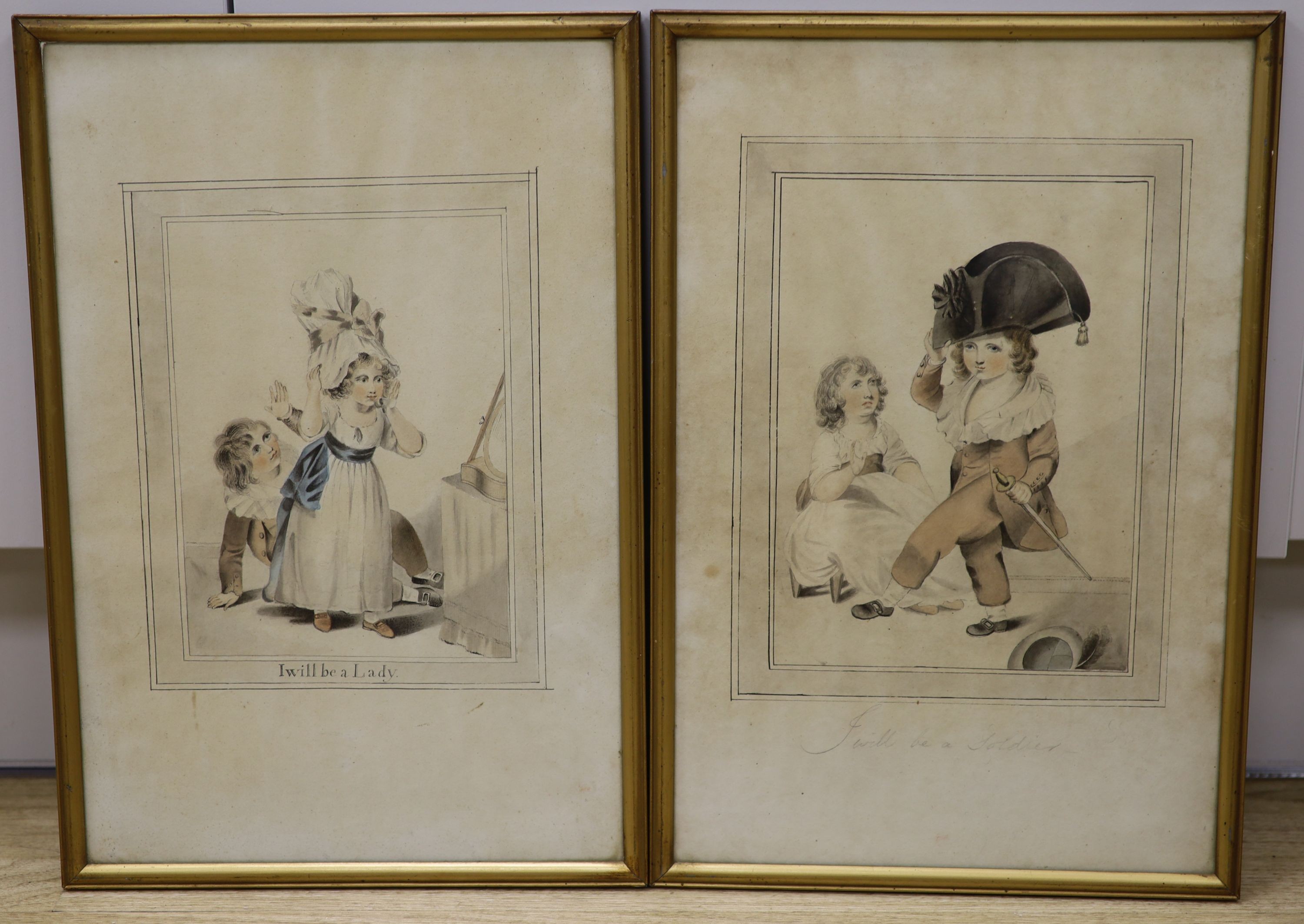 19th century English School, a pair of watercolour of children dressing up, ‘I will be a Lady’ & ‘I will be a Soldier’, 24 x 19cm, overall 39 x 26cm.